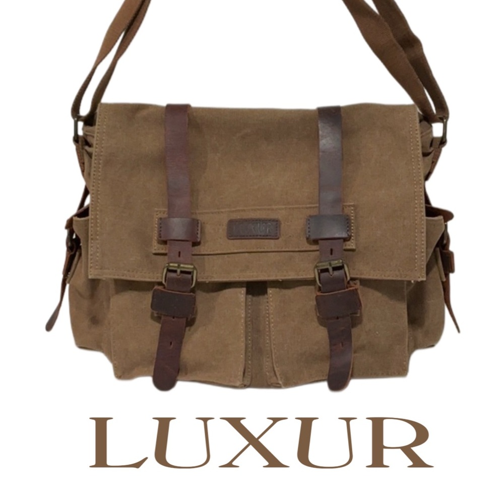 LUXUR Large Brown Canvas Messenger Bag Leather Straps